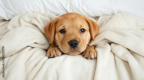 Puppy Day concept. Puppy Playing Hide and Seek in Cozy Blanket Pile