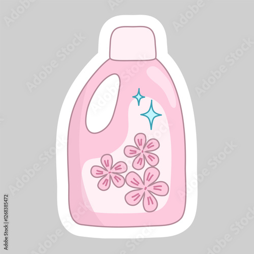 Sticker with pink bottle with cleaning or washing detergent, decorated with flowers, vector