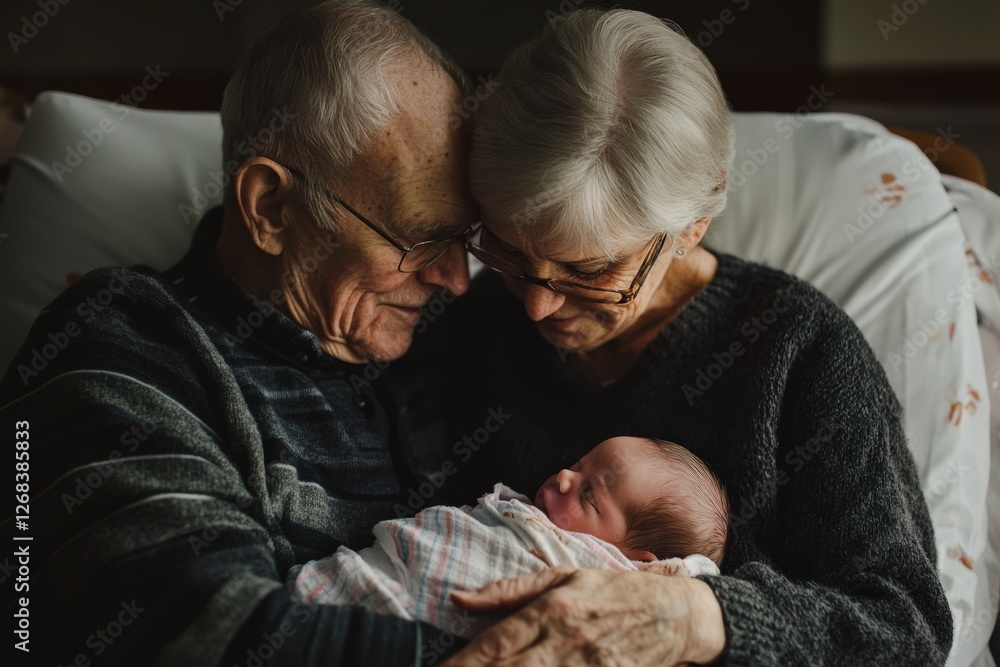 Elderly couple gazing tenderly at newborn baby in cozy setting Elderly couple gazing tenderly at newborn baby in cozy setting