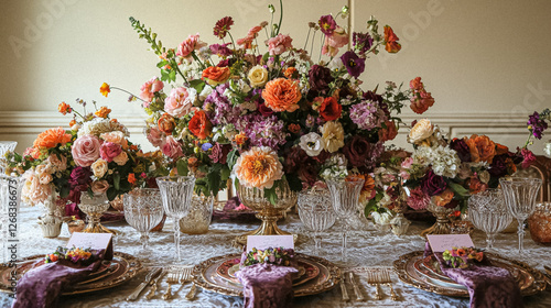 Elegant royal dining table adorned with luxurious floral arrangements for wedding or event, vintage tableware, and candles in a classic English countryside manor, creating a romantic and sophisticated