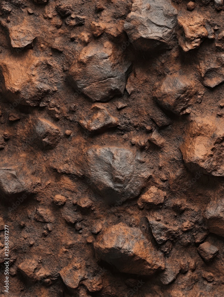 Obraz premium Dark brown rocky surface, close-up, textured, photorealistic, hyperrealistic, high resolution, high detail