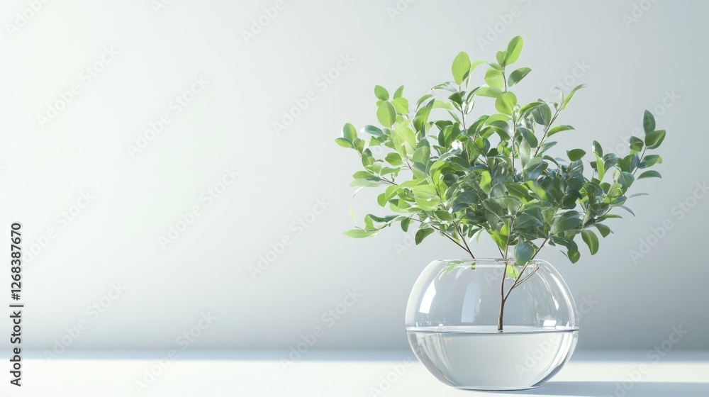 Serene Minimalist Greenery: A Sprig of Lush Green Leaves in a Clear Glass Bowl Against a White Background Serene Minimalist Greenery: A Sprig of Lush Green Leaves in a Clear Glass Bowl Against a White Background