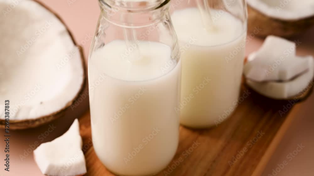 Coconut milk in bottles, diary free plant based vegan milk Coconut milk in bottles, diary free plant based vegan milk