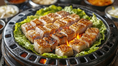 Delicious Korean BBQ: Grilled Pork Belly on a Hot Plate photo