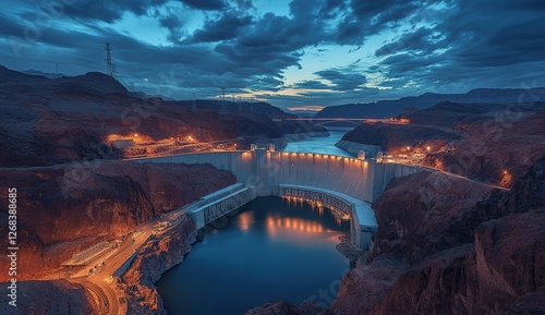 Majestic Dam Structure at Twilight: Engineering Marvel in Rocky Landscape with River Flowing, Illuminated at Night.