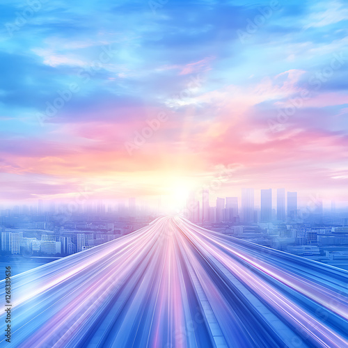 Futuristic Cityscape with Blurred Motion Leading to Bright Horizon Sky at Sunset or Sunrise