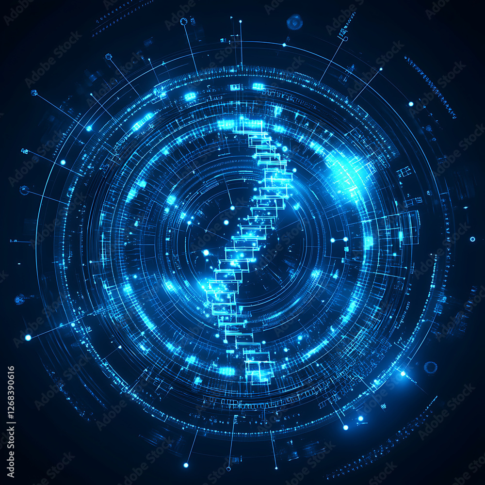 Futuristic Digital Blueprint of DNA Structure Represented in Concentric Technology Rings Design Futuristic Digital Blueprint of DNA Structure Represented in Concentric Technology Rings Design