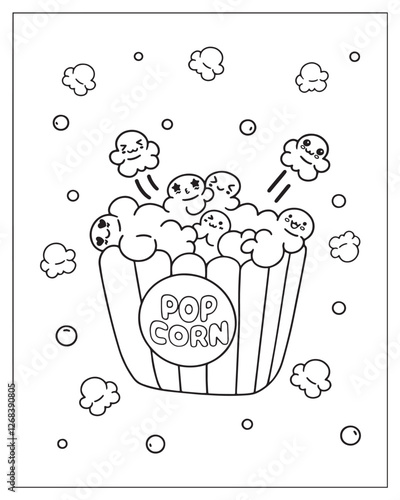 A kawaii-style coloring page featuring a cheerful popcorn box with a smiling face, surrounded by floating popcorn pieces and playful elements, drawn in black and white line art for coloring.

