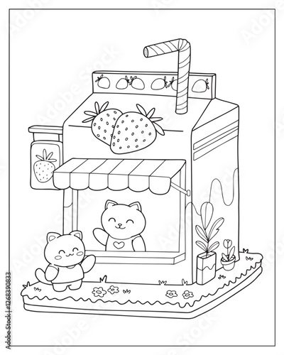 A kawaii-style coloring page featuring a charming fruit box café with adorable cats lounging inside, surrounded by fruits, drinks, and cozy café elements, drawn in black and white line art for colorin