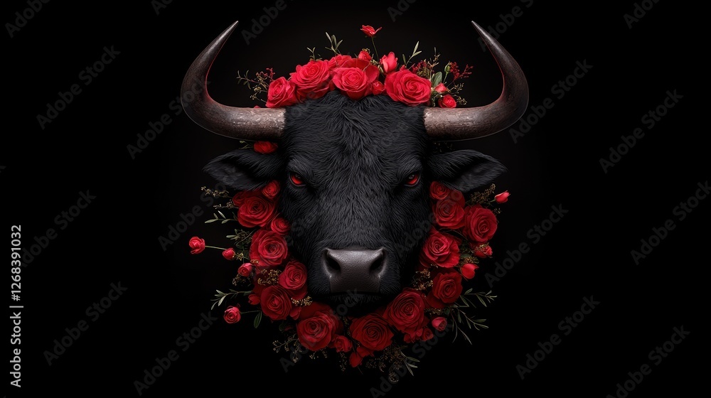 Bull's head adorned with red roses on black background Bull's head adorned with red roses on black background