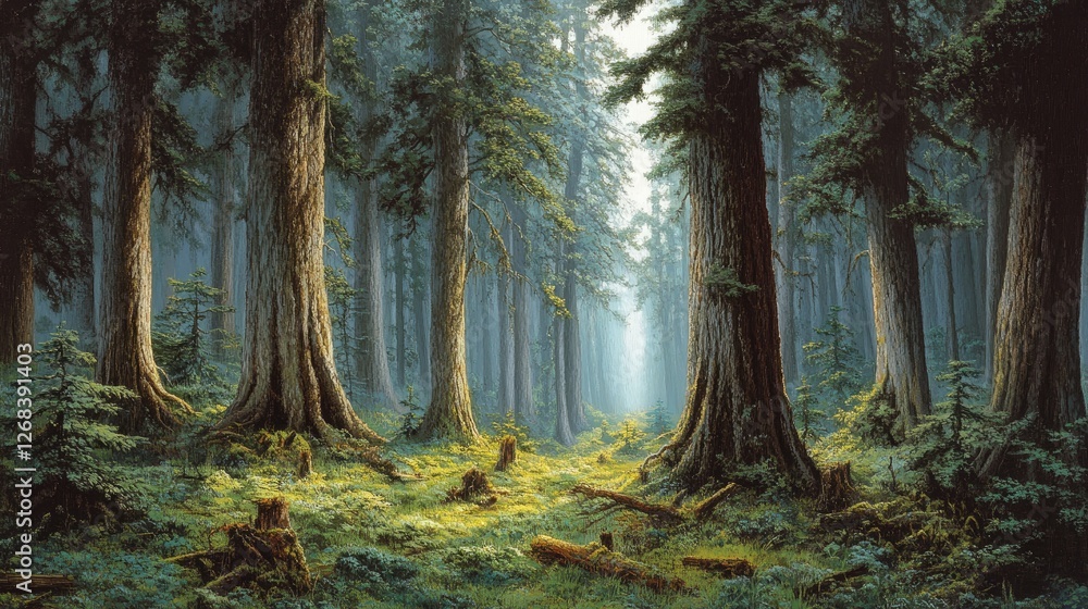 Obraz premium Ancient woodland filled with dense vegetation, tree trunks disappearing into a misty background.