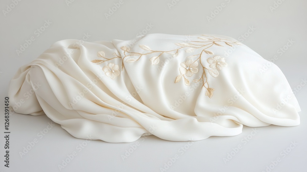 Elegant fabric with delicate embroidered floral pattern on soft white background Elegant fabric with delicate embroidered floral pattern on soft white background