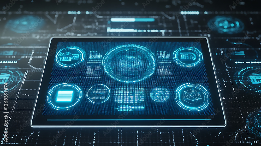 Obraz premium Futuristic Holographic Interface on Touchscreen Device Showcasing Advanced Data Analysis System