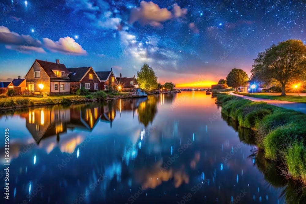Fototapeta premium Peaceful river, illuminated banks, starry night sky mirrored in calm waters.