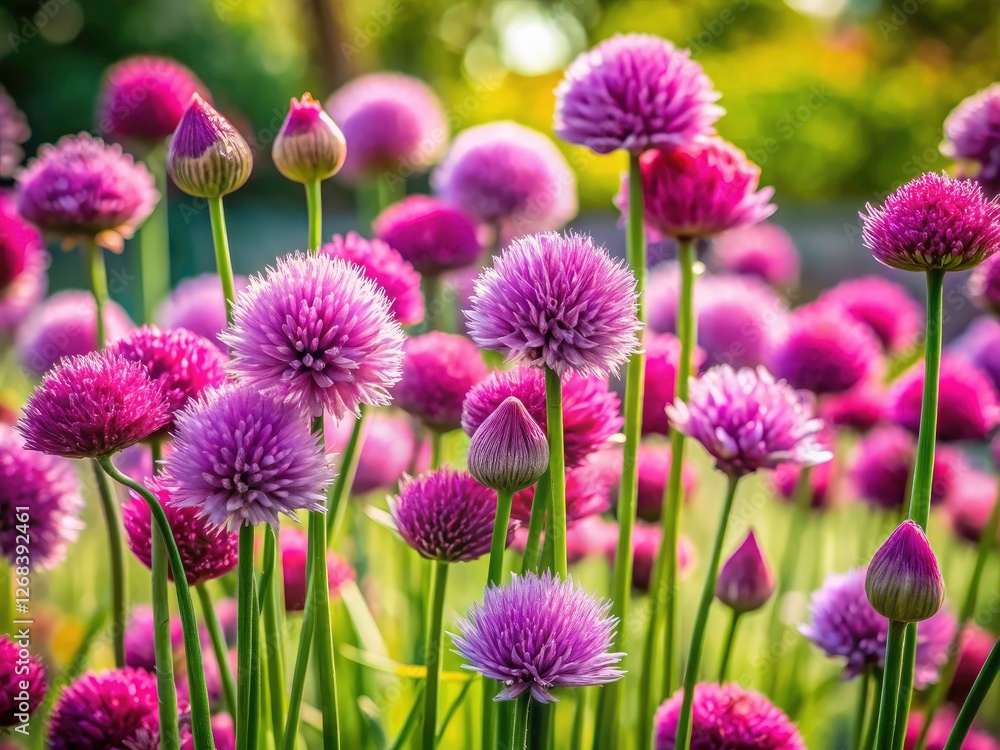 Pink chive blooms: a study in architectural form and floral detail. Pink chive blooms: a study in architectural form and floral detail.