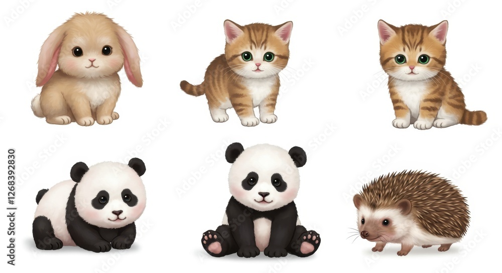 Obraz premium Cute cartoon animals including a bunny, kitten, panda, and hedgehog