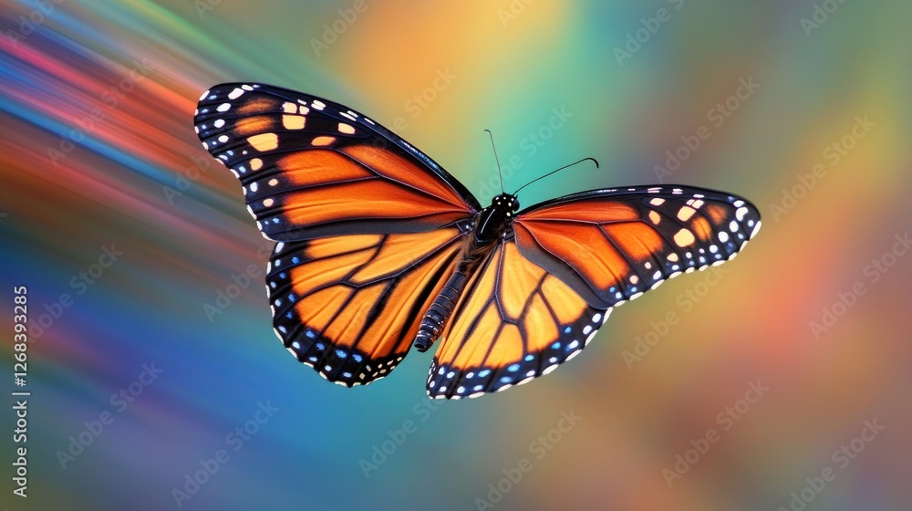 Naklejka premium Monarch butterfly in flight against vibrant, blurred background.