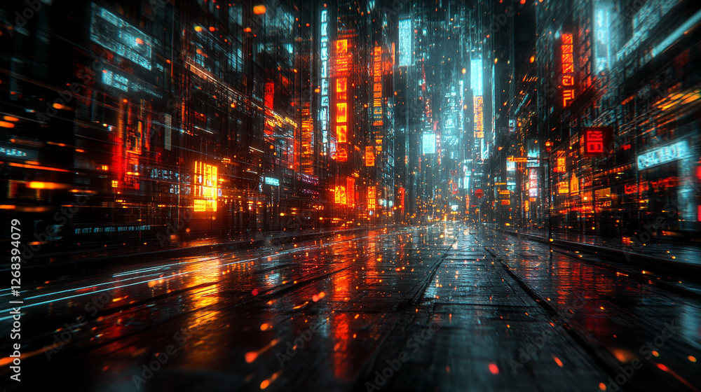 Fototapeta premium A digital art piece with a vibrant glitch effect, symbolizing futuristic technology and innovation, showcasing modern abstract elements in a visually captivating style.