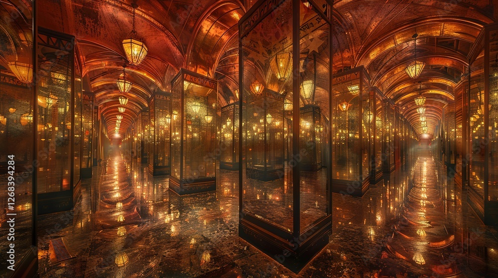 Obraz premium Within the hall of mirrors, endless reflections stretched out in all directions, creating a labyrinth of changing perspectives. The curved, curved glass distorts each image into elongated, 