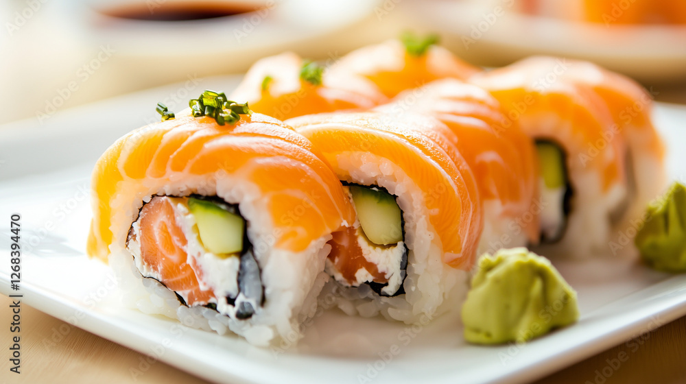 Delicious Salmon Sushi Rolls with Fresh Ingredients and Garnishes – Mouthwatering sushi rolls made with salmon, rice, and fresh vegetables, served on a white plate with wasabi and pickled ginger. Delicious Salmon Sushi Rolls with Fresh Ingredients and Garnishes – Mouthwatering sushi rolls made with salmon, rice, and fresh vegetables, served on a white plate with wasabi and pickled ginger.