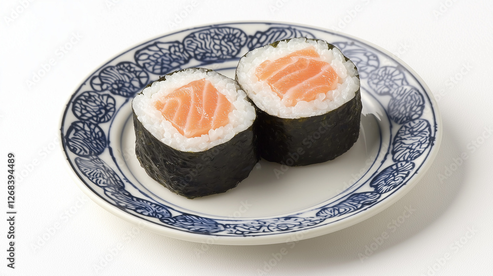 Traditional Salmon Maki Rolls Wrapped in Nori and Sushi Rice – Classic Japanese sushi dish featuring two salmon maki rolls wrapped in nori, served on a blue patterned plate. Traditional Salmon Maki Rolls Wrapped in Nori and Sushi Rice – Classic Japanese sushi dish featuring two salmon maki rolls wrapped in nori, served on a blue patterned plate.