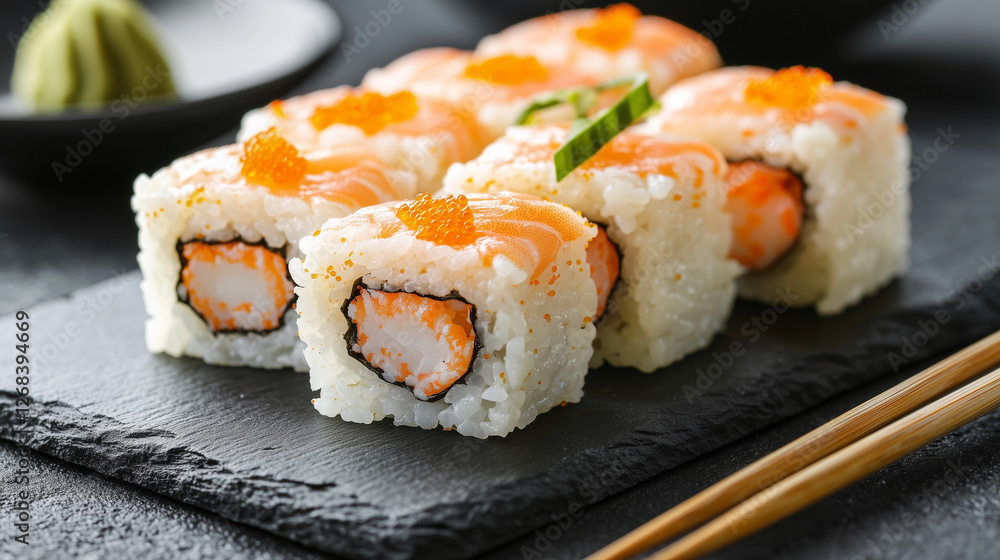 Fresh sushi rolls wrapped in salmon and rice, topped with tobiko and cucumber slices, elegantly presented on a dark stone plate with wasabi on the side. Fresh sushi rolls wrapped in salmon and rice, topped with tobiko and cucumber slices, elegantly presented on a dark stone plate with wasabi on the side.