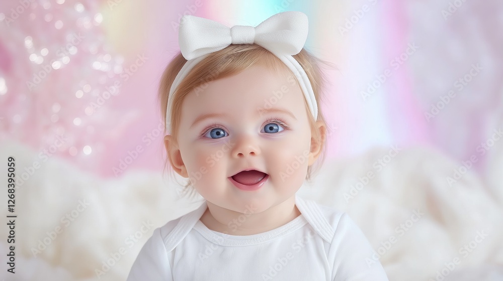 Adorable baby with bow headband against soft pink and pastel background Adorable baby with bow headband against soft pink and pastel background