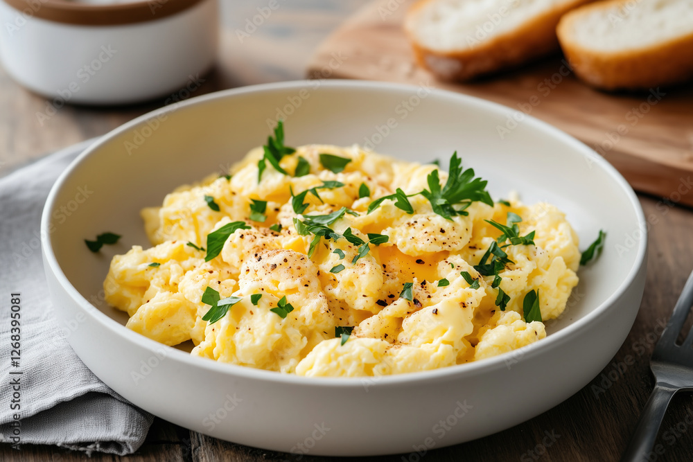 Creamy and fluffy scrambled eggs garnished with fresh parsley
Creamy and fluffy scrambled eggs garnished with fresh parsley