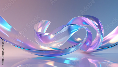 Iridescent fluid flow curve shape with holographic gradient texture, dispersion light, and flying design element. 3D illustration