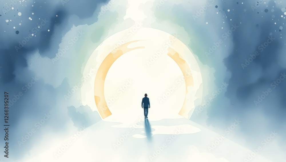 Silhouette of a man approaching light in a dark tunnel, symbolizing hope and renewal Silhouette of a man approaching light in a dark tunnel, symbolizing hope and renewal
