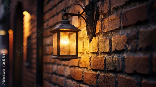 A close-up of an old brick wall with a vintage lantern hanging on it, illuminated by the warm glow from within. The scene is set in an alleyway at night