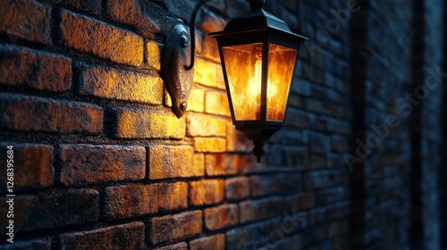 A close-up of an old brick wall with a vintage lantern hanging on it, illuminated by the warm glow from within. The scene is set in an alleyway at night