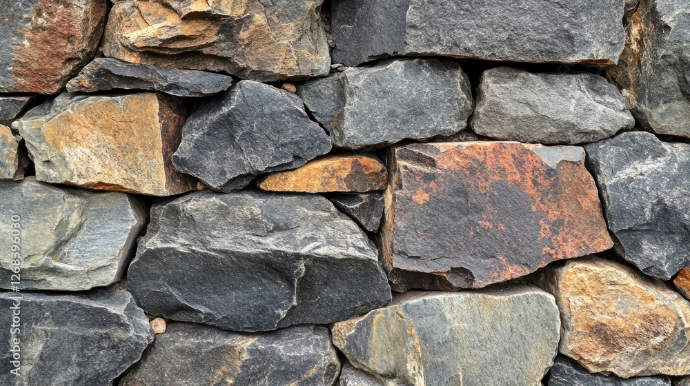 A close-up of an old, weathered stone wall with various colors and shapes of rocks. The texture is rough and uneven, creating contrast between the dark gray color of one rock and another that has red A close-up of an old, weathered stone wall with various colors and shapes of rocks. The texture is rough and uneven, creating contrast between the dark gray color of one rock and another that has red