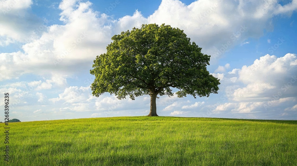Majestic English oak tree standing alone in a vast green field under a cloudy sky, Lincolnshire, England. Majestic English oak tree standing alone in a vast green field under a cloudy sky, Lincolnshire, England.