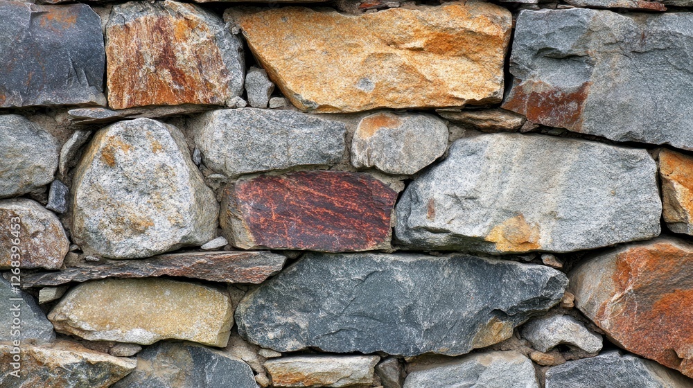 A close-up of an old, weathered stone wall with various colors and shapes of rocks. The texture is rough and uneven, creating contrast between the dark gray color of one rock and another that has red A close-up of an old, weathered stone wall with various colors and shapes of rocks. The texture is rough and uneven, creating contrast between the dark gray color of one rock and another that has red