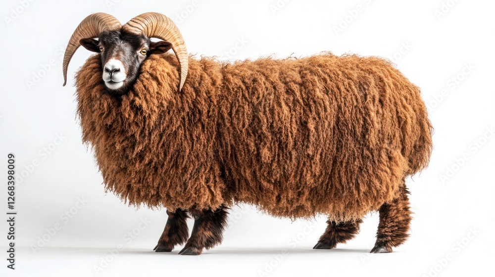 Fluffy brown ram, studio shot, white background, wool, livestock Fluffy brown ram, studio shot, white background, wool, livestock