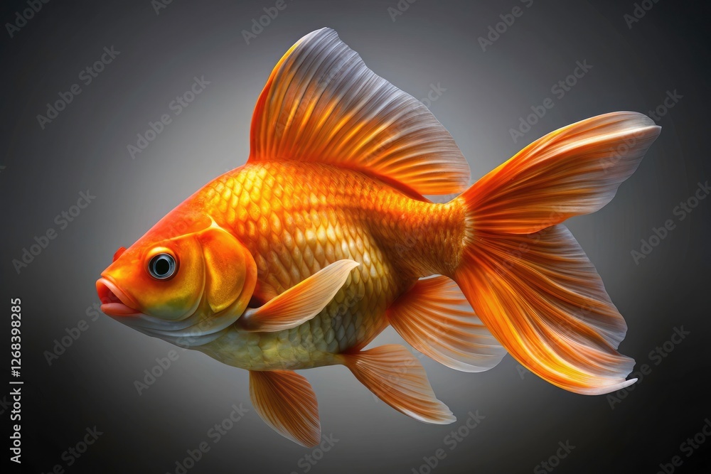 Stunning aerial shot: a goldfish, blazing orange, its fins dancing, set against a calm gray. Stunning aerial shot: a goldfish, blazing orange, its fins dancing, set against a calm gray.