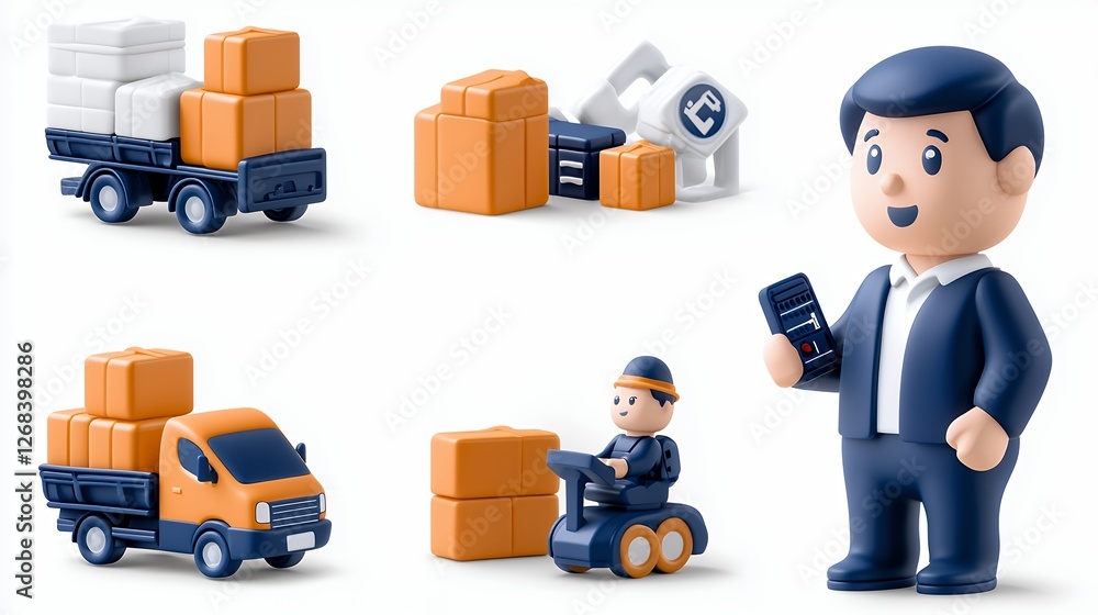 Colorful Delivery Vehicles and Figures with Packaging Elements in Optimistic Setting Colorful Delivery Vehicles and Figures with Packaging Elements in Optimistic Setting