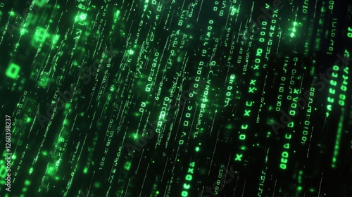Dynamic Green Matrix Code Flowing in an Abstract Digital Landscape Displaying Data and Technology Visuals for Modern Applications