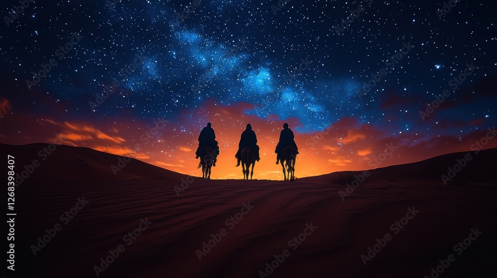 Fototapeta premium Three silhouetted figures on horseback against a starry desert sunset.