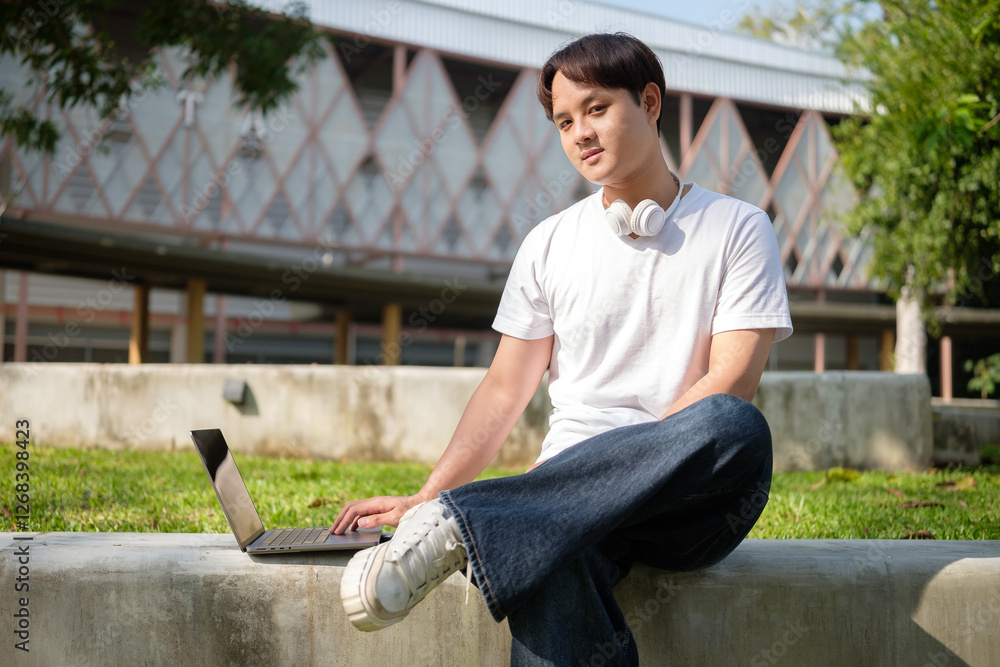 Fototapeta premium Confident student or professional working on a laptop in a serene campus setting, surrounded by greenery.