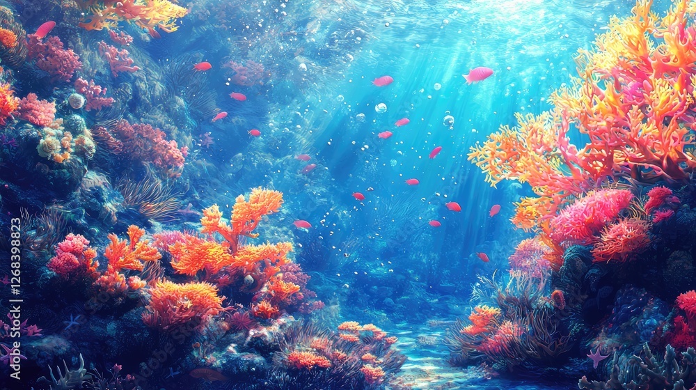 Vibrant coral reef ecosystem teeming with fish and sunlight