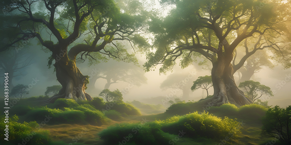 Fototapeta premium A breathtakingly beautiful nature background featuring a majestic, serene, and intriguing scene that exudes tranquility, with lush greenery, towering trees, created by generative ai
