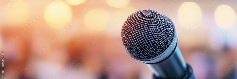Close up of a microphone ready for a speaking engagement in a warmly lit venue with blurred background. Generative AI