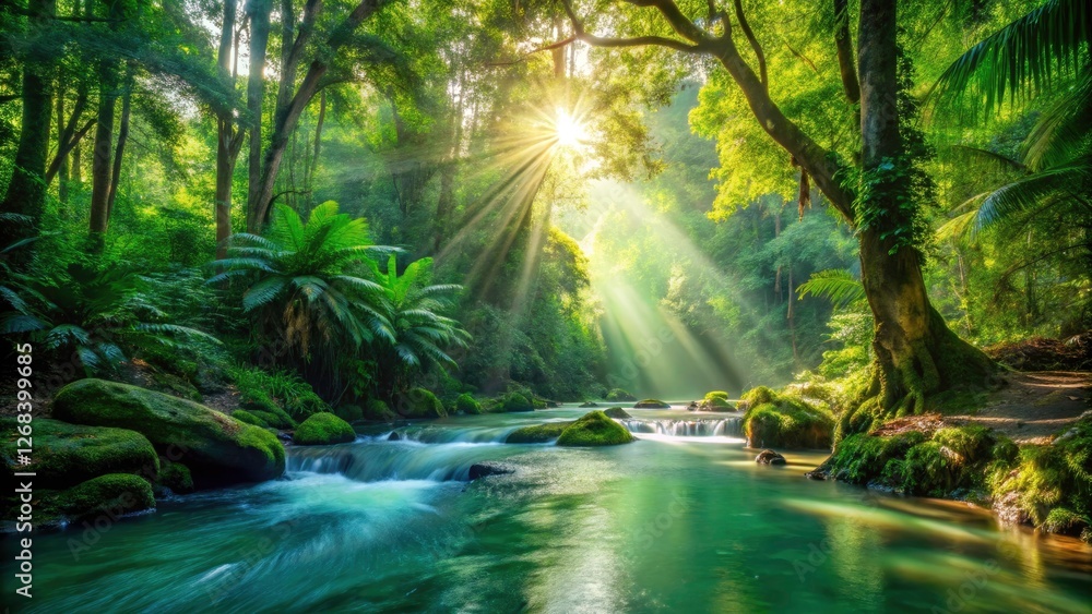 Obraz premium Sunlight filters through tropical trees, illuminating a lush jungle stream of emerald water.
