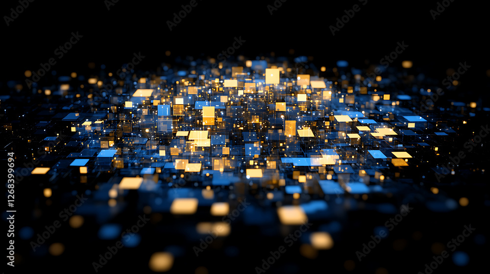 Glowing Blocks Floating in Darkness Abstract Light Display with Blue and Yellow Tones Artistically Rendered