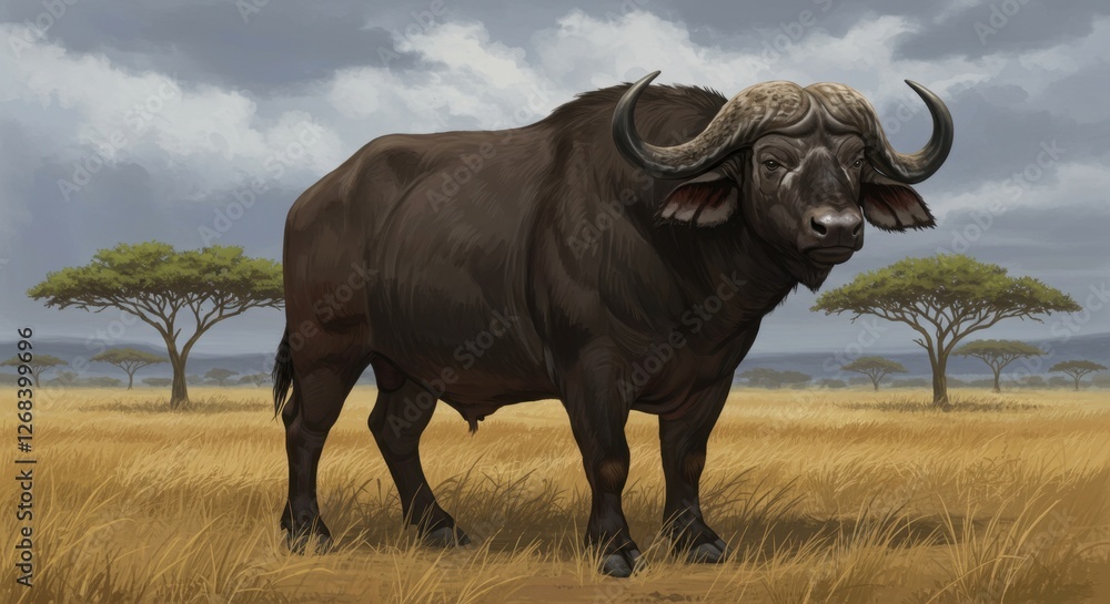 Majestic African buffalo standing in golden savannah grassland Majestic African buffalo standing in golden savannah grassland