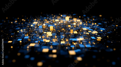 Obraz na płótnie Glowing Blocks Floating in Darkness Abstract Light Display with Blue and Yellow Tones Artistically Rendered w salonie