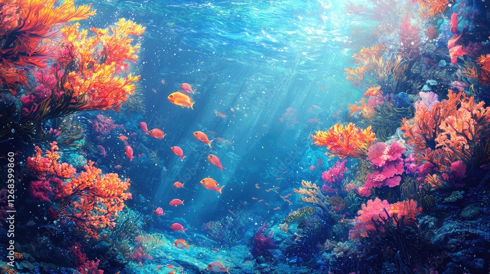 Vibrant coral reef scene filled with schools of golden fish Vibrant coral reef scene filled with schools of golden fish