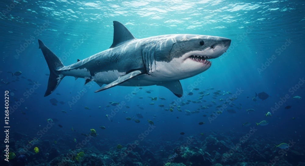 Fototapeta premium Majestic great white shark swimming gracefully in vibrant ocean depths